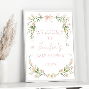 Cute Elegant Pink Floral Baby Girl Shower Welcome Poster
