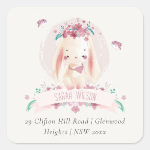 Cute Elegant Pink Floral Bunny & Birds Address Square Sticker