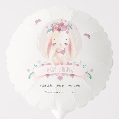 Cute Elegant Pink Floral Bunny  Birds Baby Shower Balloon