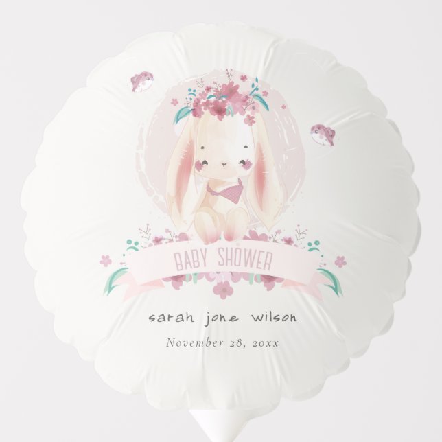 Cute Elegant Pink Floral Bunny & Birds Baby Shower Balloon (Front)