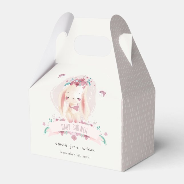 Cute Elegant Pink Floral Bunny & Birds Baby Shower Favor Boxes (Front Side)