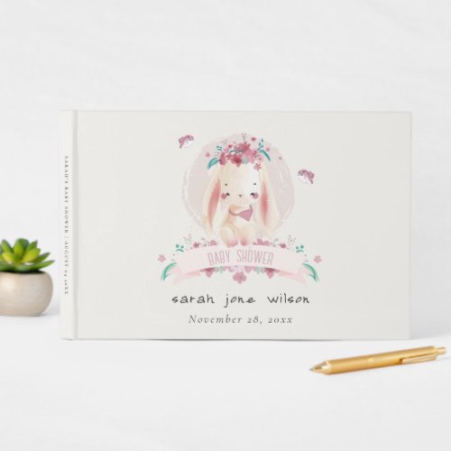 Cute Elegant Pink Floral Bunny  Birds Baby Shower Guest Book