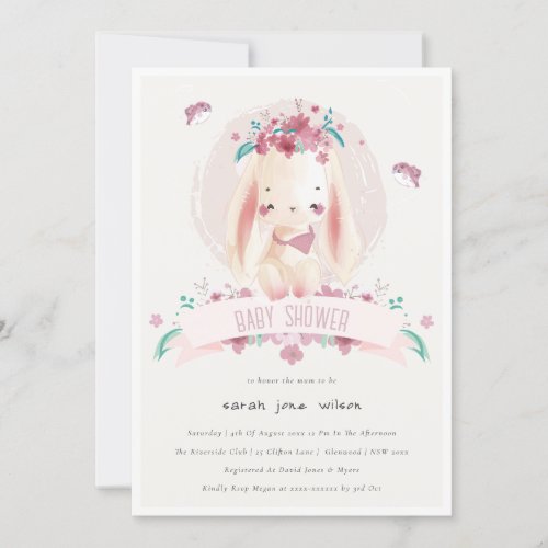 Cute Elegant Pink Floral Bunny  Birds Baby Shower Invitation