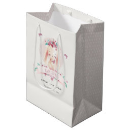 Cute Elegant Pink Floral Bunny &amp; Birds Baby Shower Medium Gift Bag