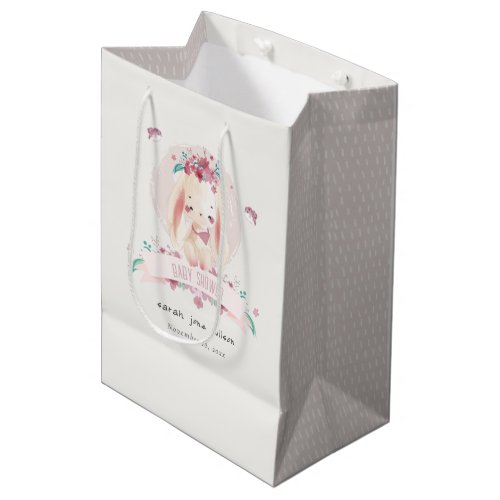 Cute Elegant Pink Floral Bunny  Birds Baby Shower Medium Gift Bag