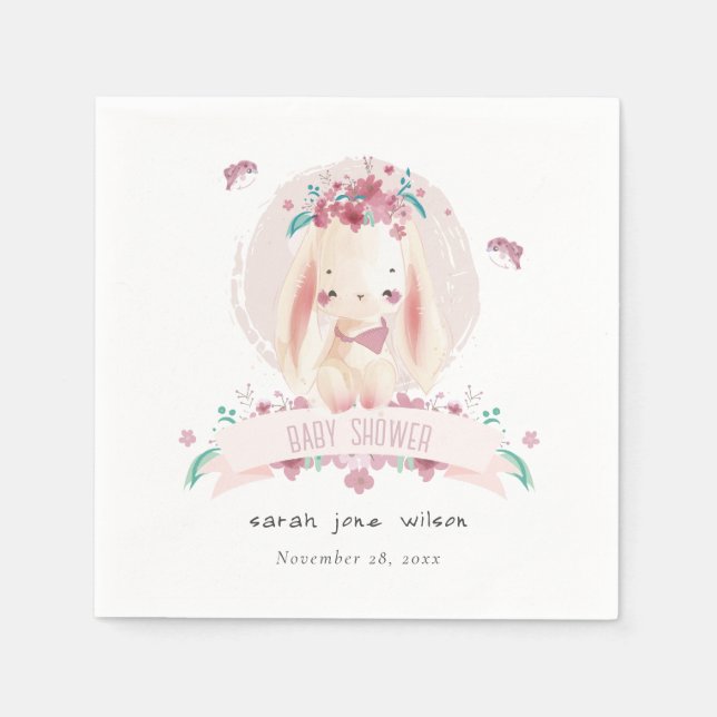 Cute Elegant Pink Floral Bunny & Birds Baby Shower Napkins (Front)