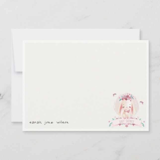 Cute Elegant Pink Floral Bunny & Birds Baby Shower Note Card (Front)