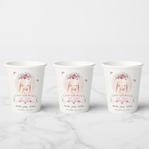 Cute Elegant Pink Floral Bunny  Birds Baby Shower Paper Cups