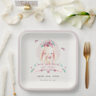 Cute Elegant Pink Floral Bunny & Birds Baby Shower Paper Plates