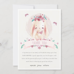 Cute Elegant Pink Floral Bunny & Birds Baby Shower Thank You Card