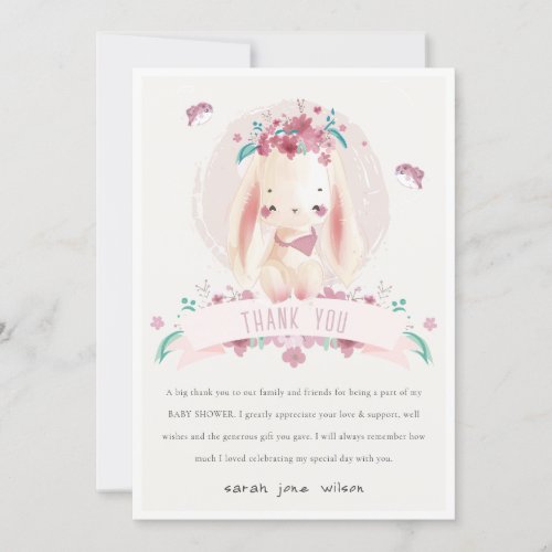 Cute Elegant Pink Floral Bunny  Birds Baby Shower Thank You Card