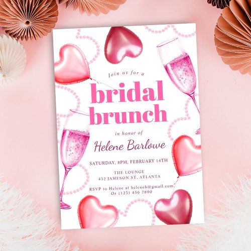 Cute Elegant Pink Hearts Girly Bridal Brunch Invitation