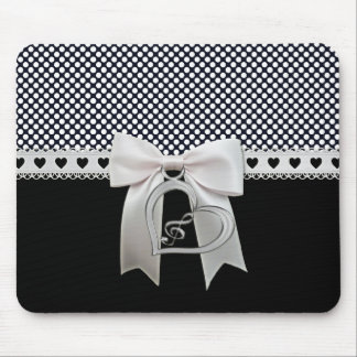 Cute elegant polka dots white ribbon and bow heart mouse pad