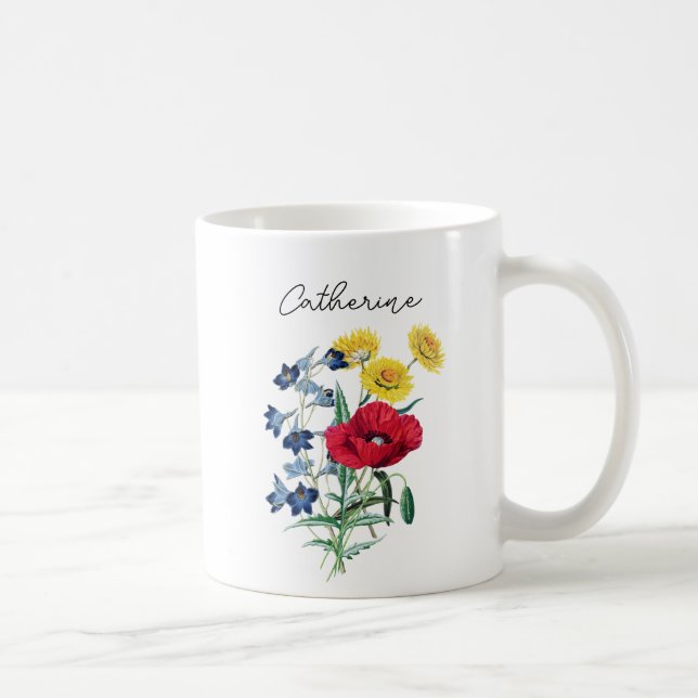 Cute Elegant Poppy Bluebells Daisy Flowers Name Coffee Mug (Right)