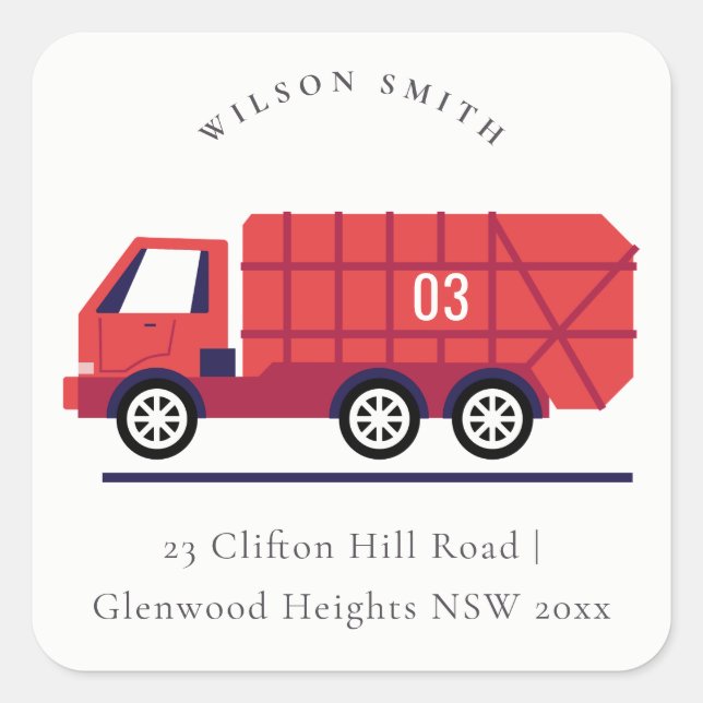 Cute Elegant Red Garbage Trash Truck Kids Address Square Sticker (Front)