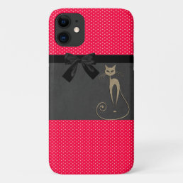 Cute Elegant Red Polka Dots Black Bow Cat iPhone 11 Case