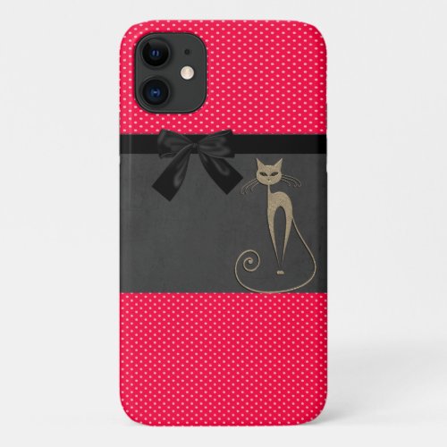 Cute Elegant Red Polka Dots Black Bow Cat iPhone 11 Case