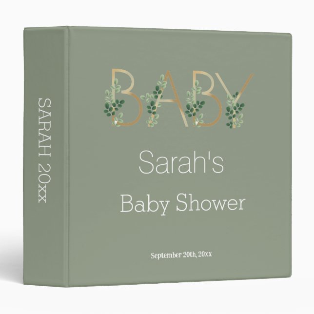 Cute Elegant Sage Greenery Floral Baby Shower 3 Ring Binder (Front/Spine)