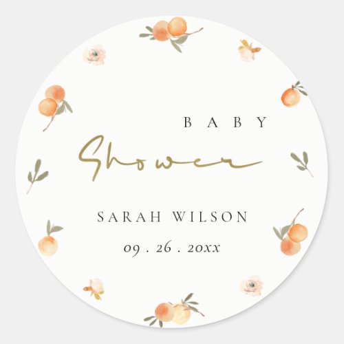 Cute Elegant Soft Orange Floral Boho Baby Shower Classic Round Sticker