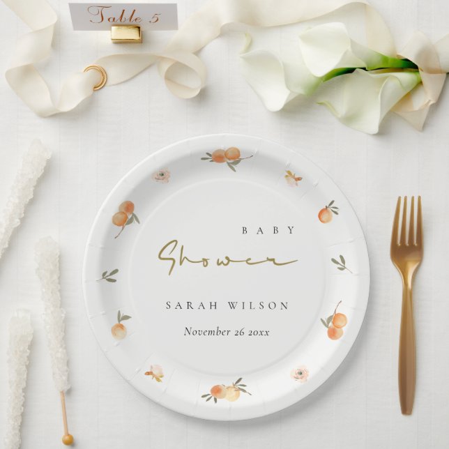 Cute Elegant Soft Orange Floral Boho Baby Shower Paper Plates (Wedding)