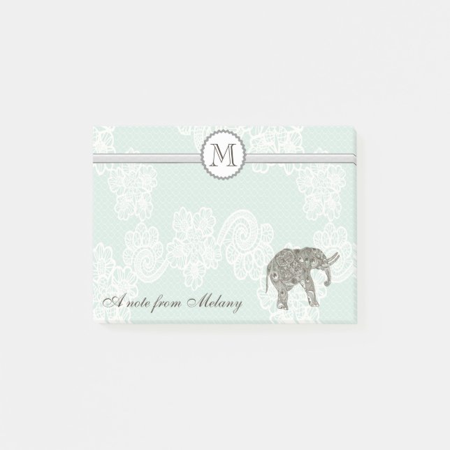 Cute elegant stylish lace elephant monogram post-it notes (Front)