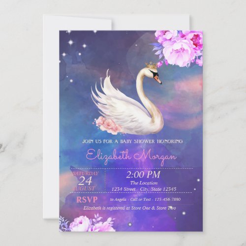 Cute Elegant Swan Floral Watercolor  Baby Shower Invitation