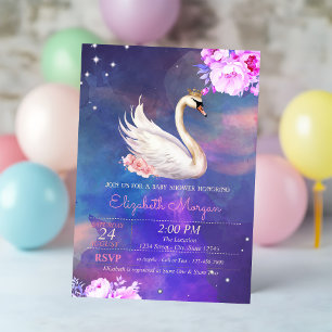 Cute Elegant Swan Floral Watercolor Baby Shower Invitation