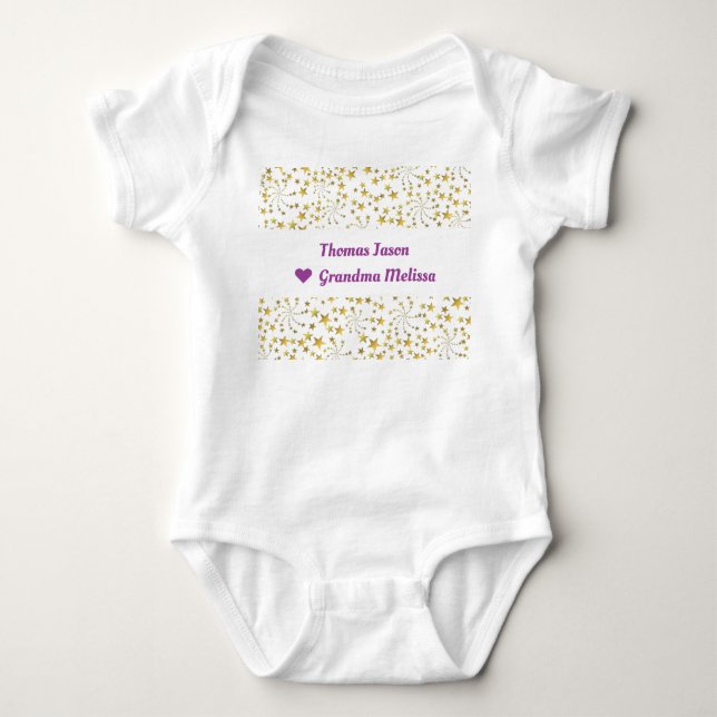 Cute Elegant Trendy Gold Stars Name Love Grandma Baby Bodysuit (Front)