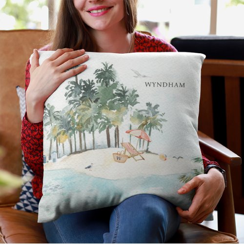 Cute Elegant Tropical Beach Coastal Shore Monogram Throw Pillow