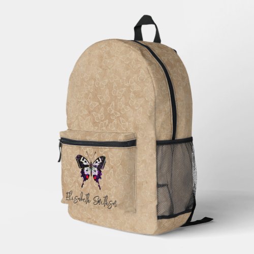   Cute Elegant Vintage Butterfly Add Your Name Tan Printed Backpack