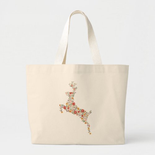 Cute elegant vintage spring floral deer silhouette large tote bag