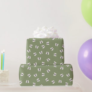 Cute elegant white butterflies on sage green  wrapping paper