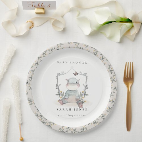 Cute Elegant Yellow Baby Hippo Foliage Baby Shower Paper Plates