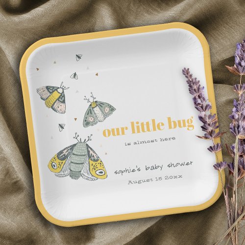 Cute Elegant Yellow Grey Little Bug Baby Shower Paper Plates