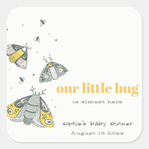 Cute Elegant Yellow Grey Little Bug Baby Shower Square Sticker