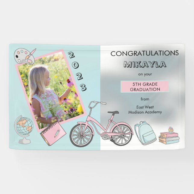 Cute Elementary Photo Girl Graduation Banner (Horizontal)