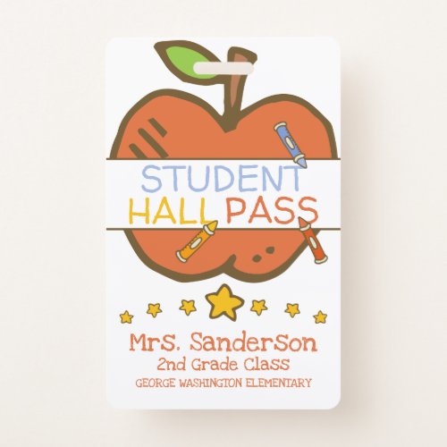 Cute Elementary Student Hall Pass w Crayons Apple Badge