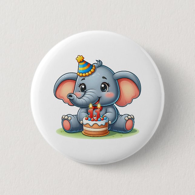 Cute Elephant 11th Birthday Button (Front)
