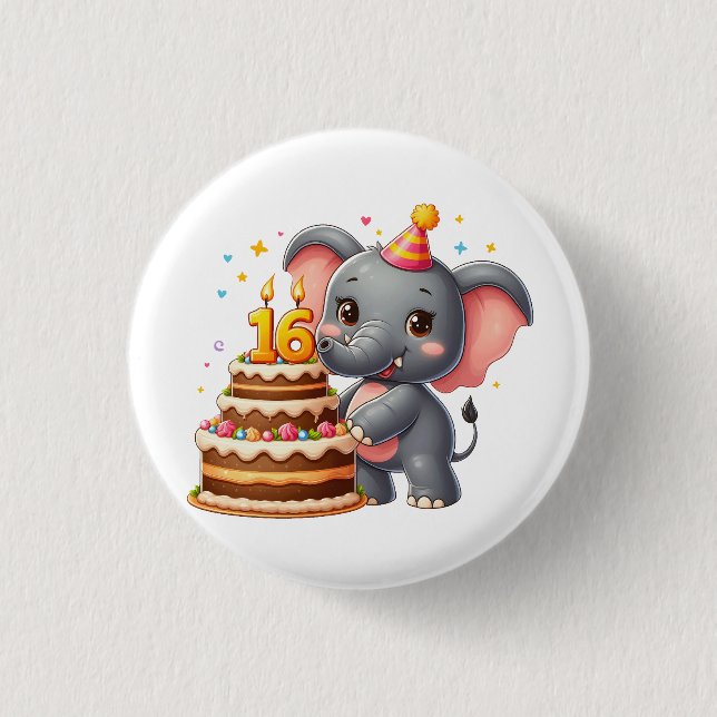 Cute Elephant 16th Birthday Button (Front)