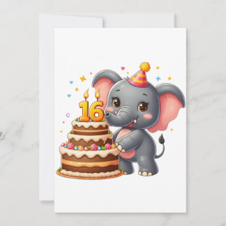 Cute Elephant 16th Birthday Note Card