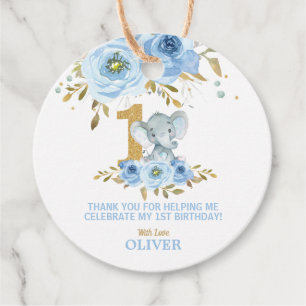 Cute Elephant 1st Birthday Blue Floral Thank You Favor Tags