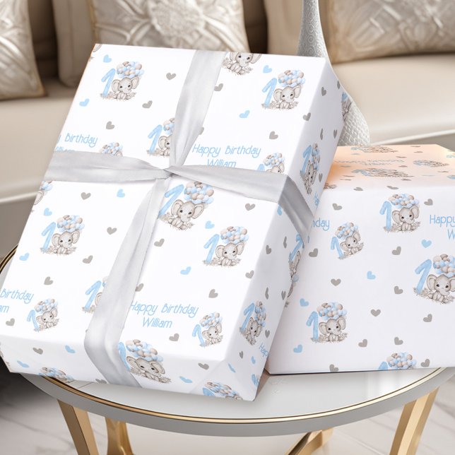 Cute Elephant 1st Birthday Blue Personalized Name Wrapping Paper (Cute Elephant 1st Birthday Blue Personalized Name Wrapping Paper)