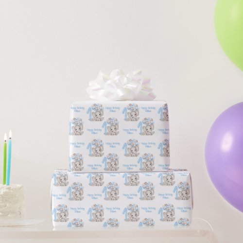 Cute Elephant  1st Birthday Boy Blue Personalized Wrapping Paper