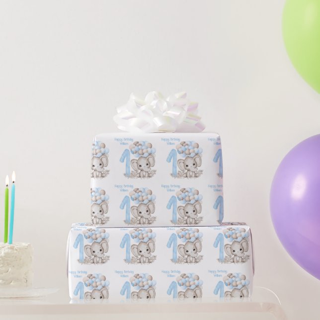Cute Elephant | 1st Birthday Boy Blue Personalized Wrapping Paper (Party Gifts)