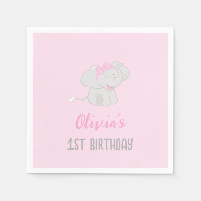 Cute Elephant 1st Birthday Girl Napkins (Front)