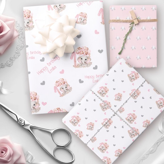 Cute Elephant | 1st Birthday Girl Personalized Wrapping Paper Sheets (Cute Elephant | 1st Birthday Girl Personalized Wrapping Paper Sheets)