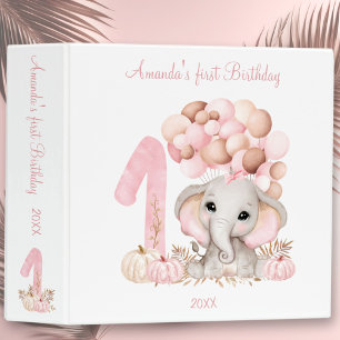 Cute Elephant 1st Birthday Girl Photo Album 3 Ring Binder