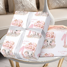 Cute Elephant 1st Birthday Girl Pink Personalized Wrapping Paper