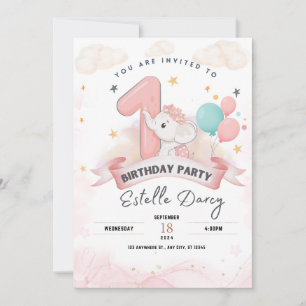 Cute elephant 1st birthday party invitation