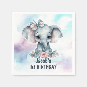 Cute Elephant 1st Birthday Party Napkins
